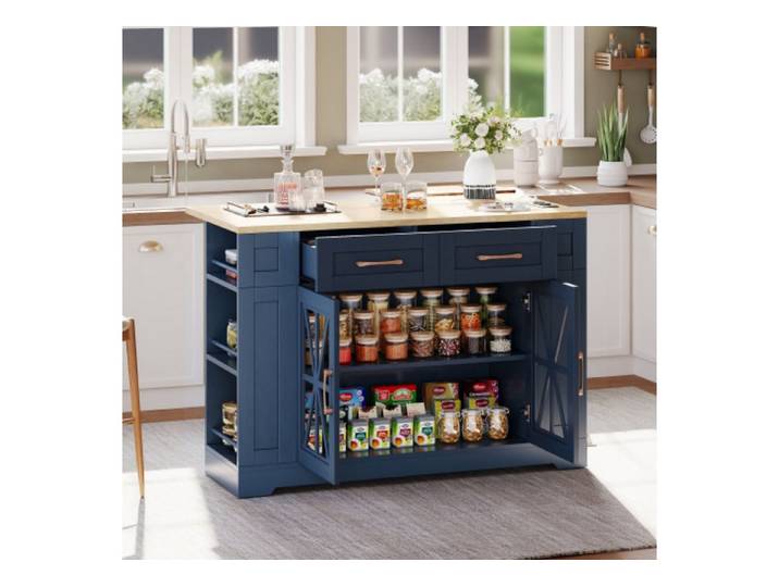 ANYSUN Kücheninsel Mit Arbeitsplatte, mit Rollen, erweiterbar,Küchenwagen 120 cm, Offenes Regal mit Steckdose & USB für Küche, Ess- & Wohnzimmer