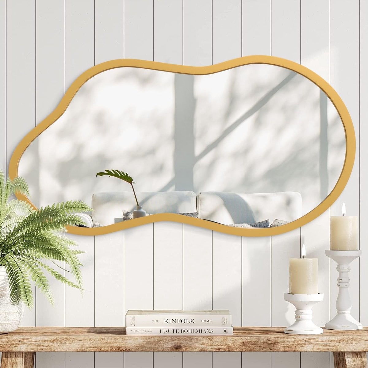 Omgoods Gouden Irregulaire Wandspiegel met Houten Frame