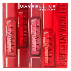 Maybelline New York, Lippenstift + Lipgloss, Superstay Vinyl Ink Set Of 4 Lip Inks Shades Coy Peachy Red Hot Wicked (Coy (20), Peachy (15), Red Hot (25), Wicked (50))
