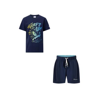 T-Shirt & Shorts CHAMPION "Kids' Beach Set", Mädchen, Gr. M (140/146), blau (nava, nava, mlkb), Obermaterial: 100% Baumwolle. Innenslip: 100% Polyester. Obermaterial Hose: 100% Polyamid, KOB Set-Artikel, sportliches T-Shirt & Shorts-Set, für...