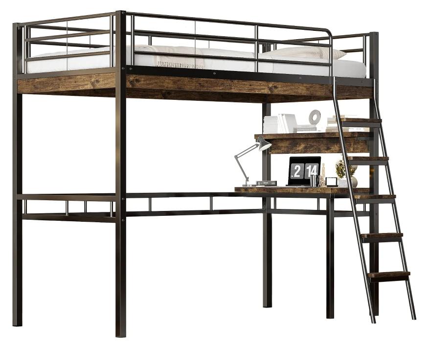 Schwarzes Hochbett - Etagenbett aus Metall - Integrierter Schreibtisch - Stauraumregale - Sicherheitsgitter - Leiter - 90 x 200 cm - Ohne Matratze