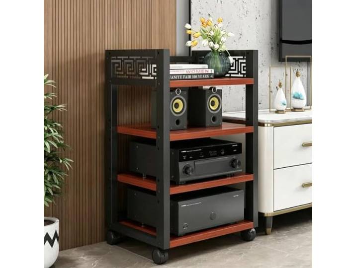 Mehrstufiger AV-Medienschrank, fahrbares Stereo-Regal für Audioanlagen 4-stufig verstellbare Böden, stabiler Holz-Metall-Aufbau, leichtlaufende Rollen(Teak,19.7x15.7x34.6in)