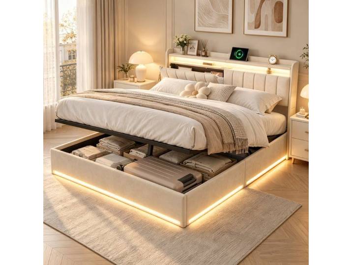 Lit coffre 160x200 HOFURNI lit 160x200 avec sommier à lattes LED + USB lit adulte 160x200 avec rangement Velours Beige