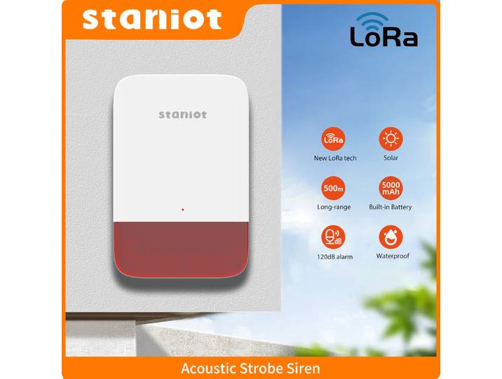 Sirène stroboscopique sans fil Staniot LoRa, étanche, 120 dB, alarme à haut niveau sonore, fonctionne avec Secpanel 7 Pro, distance de transmission de 500 m