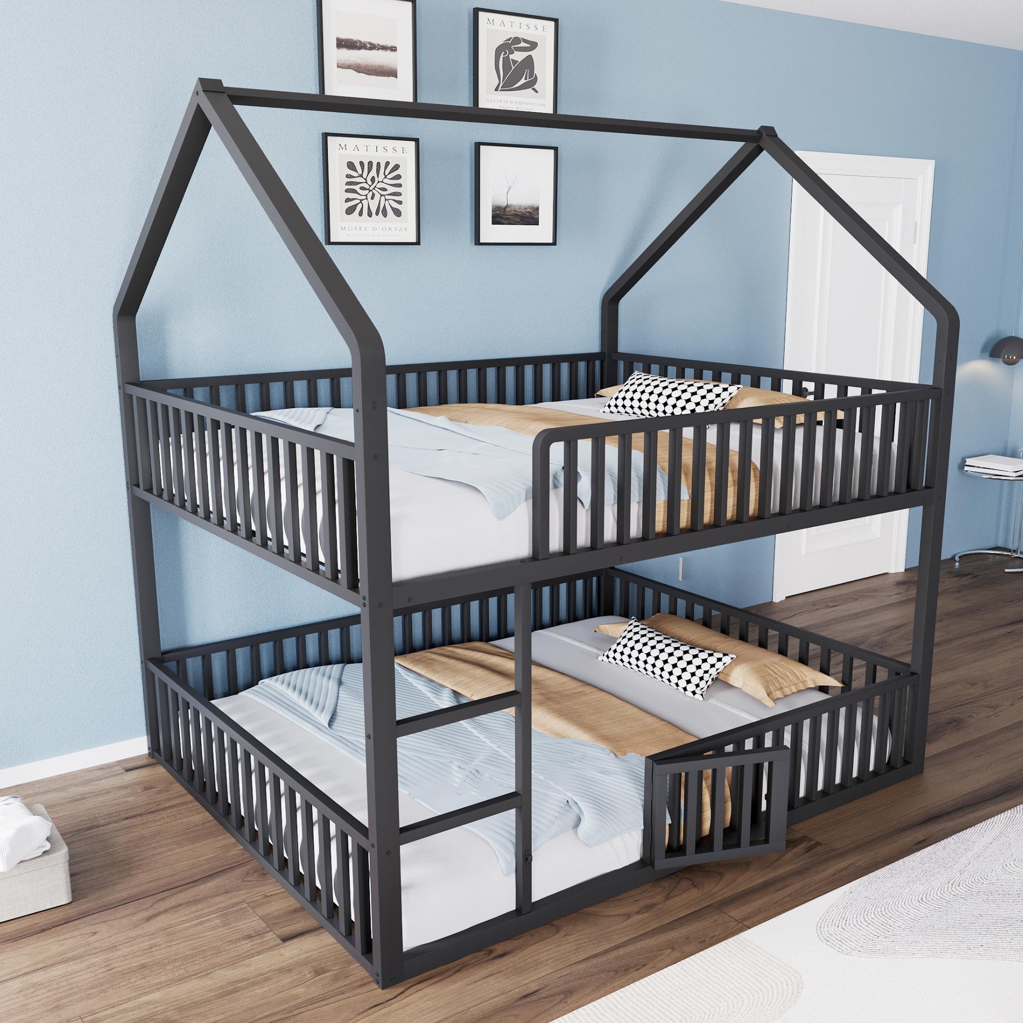 MODFU Etagenbett 140x200 Jugendbett mit Sicherheitsgeländer Rundum,Stockbett mit Loft-Design und Treppe,Kinderbett mit matratze,Unteres Bett mit Tür,Schwarz