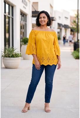 Plus Size Women's Convertible Eyelet Tunic by Avenue in Sunset Yellow (Size 34/36)