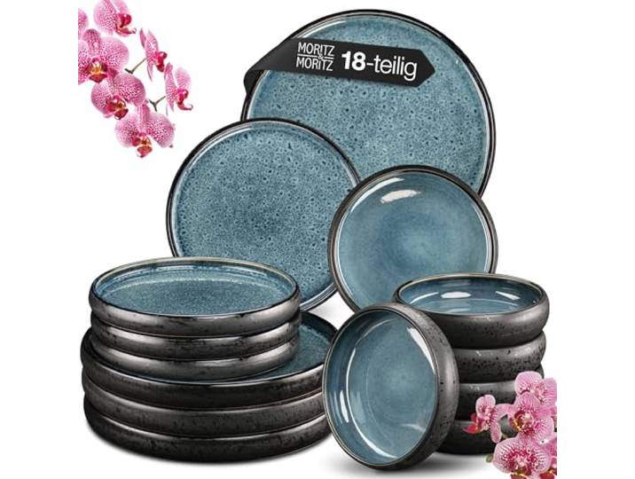 Moritz & Moritz Steingut Geschirr Set 6 Personen 18-tlg - Geschirrset 6 Personen Blau aus je 6 Dinner Teller, Kleine Teller, Tiefe Teller - Serie Solid