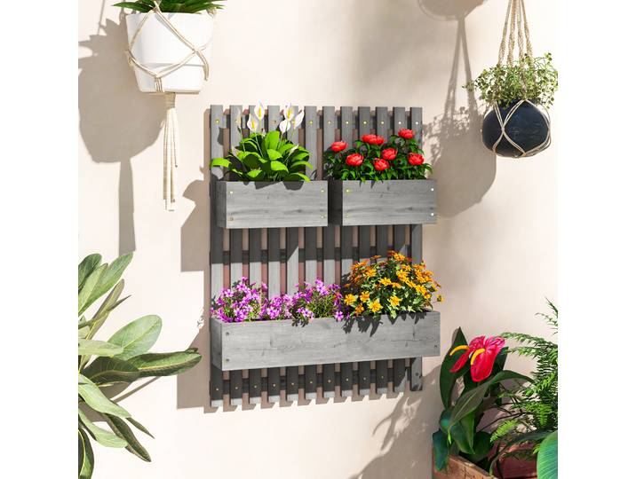 Outsunny Jardinière Murale Bois 3 Bacs Amovibles 60x16x80cm Gris