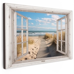 LEINWANDBILD Fenster - Meer - Küste - Natur - Ausblick - Strand - Wattenmeer Groß 140x90 cm