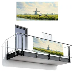 BALKON-SICHTSCHUTZ Kühe - Windmühle - Wiese - Blau Witterungsbeständig 200x90 cm