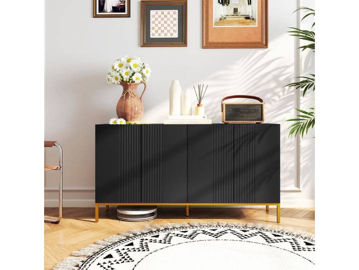 Buffet - Design contemporain graphique - 4 portes - Piètement métal doré - Étagères réglables