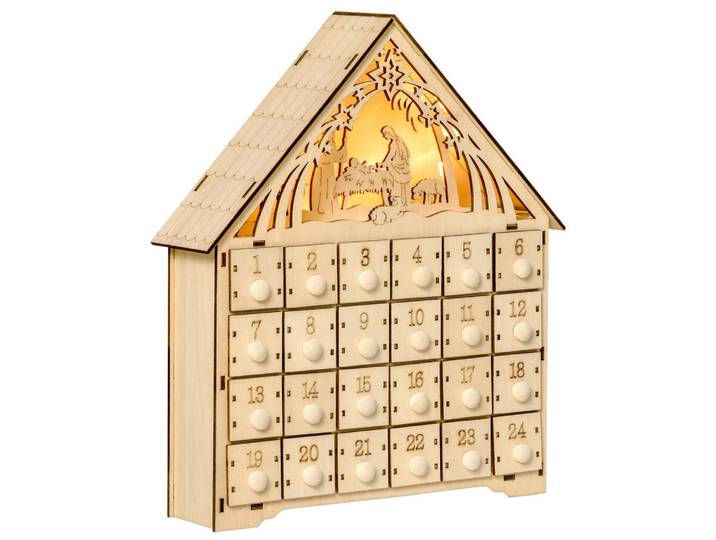 Homcom Adventskalender Weihnachtskalender 24 Schubladen mit LED-Lichtern MDF Naturholz, Naturfarben, Holz, 6x30x26.6 cm, Dekoration, Weihnachtsdekoration