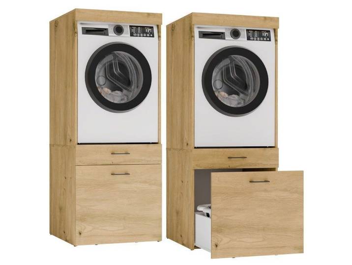 POLA 2S - Meuble de salle de bains pour lave-linge ou sèche-linge 2 tiroirs - 64x162x64 cm - CHÊNE ARTISAN