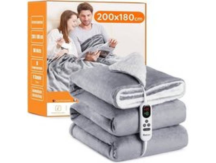 Couverture Chauffante Électrique 200x180 cm Flanelle Sherpa 10 Températures Minuterie 1-9 h Affichage Numérique Lavable Gris