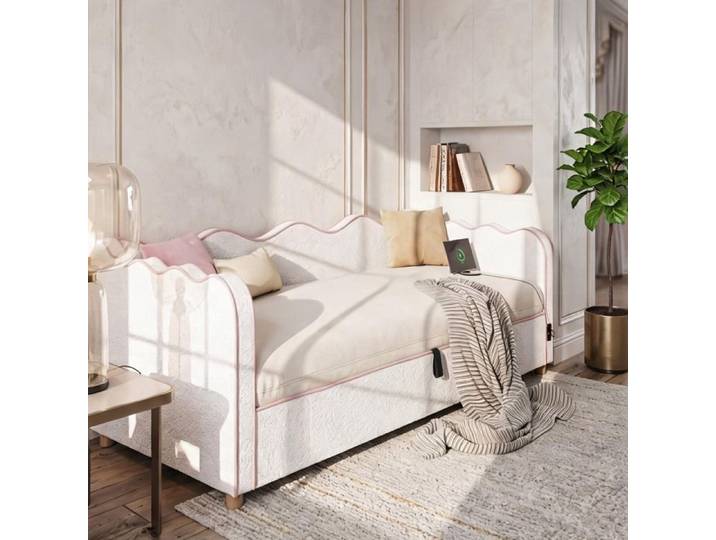 Canapé-lit beige-toné 90x200 cm en bouclé coffre hydraulique USB-C style nuage