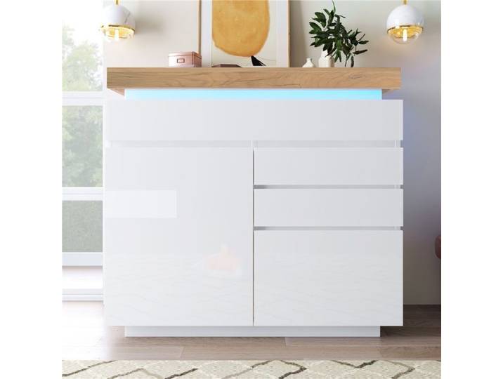Buffet Moderne Blanc 115x110x39cm-2Portes-3Tiroirs-LED Intelligent-Application-Cuisine/Salon-Rangement-Design Contemporain