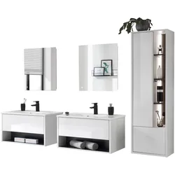 BADMÖBEL-SET weiß Hochglanz, grau 7-teilig, Komplettset mit Waschbecken und LED Beleuchtung
