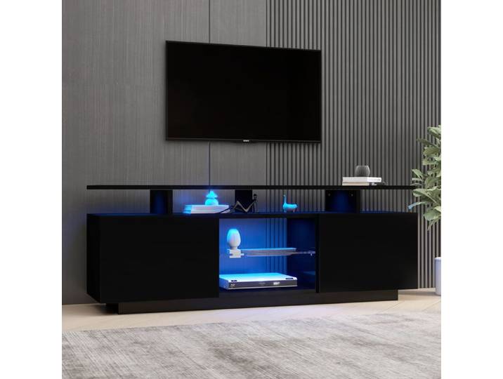 Meuble TV avec LED contrôlée par appli 2 portes brillant 5 niches panneau noir en bois 140x35x55 cm
