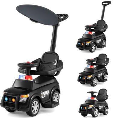 Costway 3-in-1 Toddler Push Car with Handle and Canopy Sliding Police Car with Siren-Black