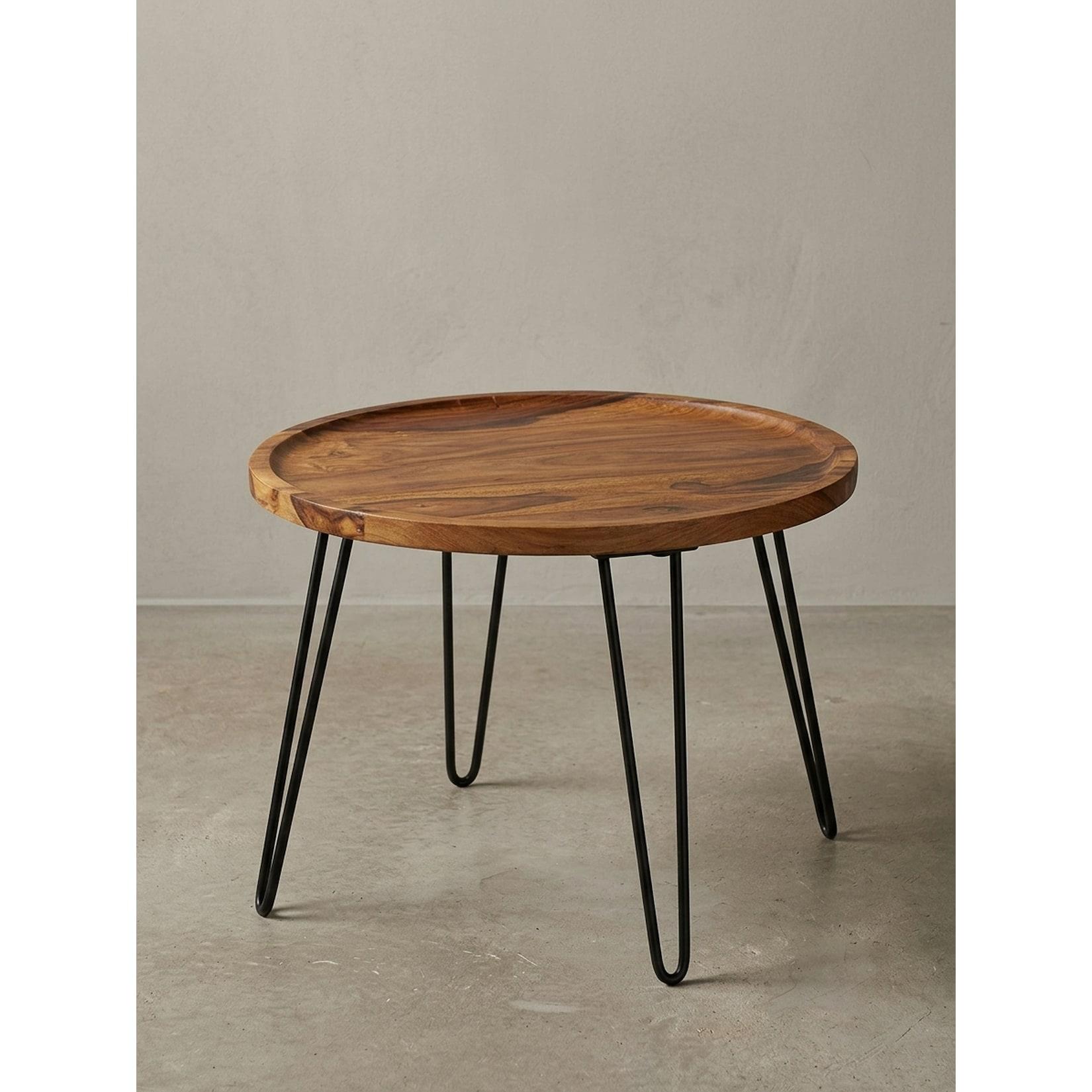 Couchtisch Rund Sheesham Massivholz Haarnadelbeine 60x45x60 cm