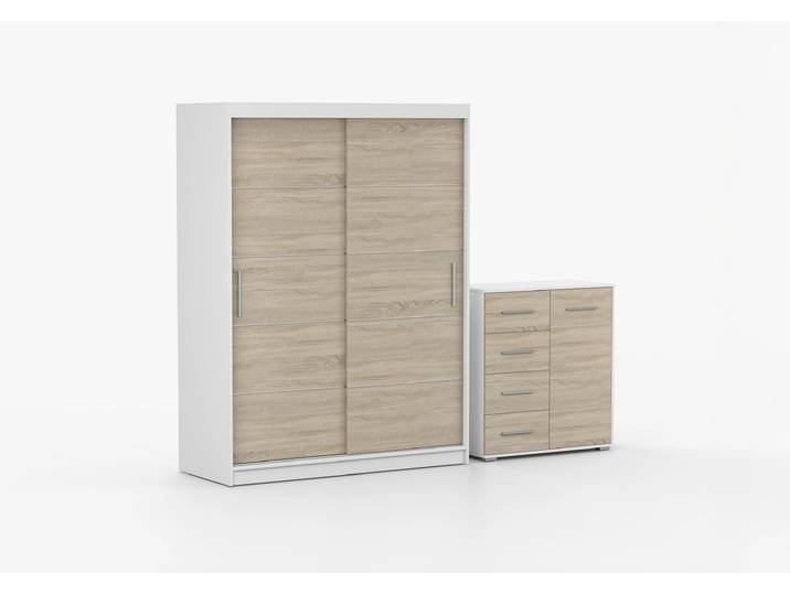 Schwebetürenschrank und Kommode 2-er Set VISTA 06/FRIDA MINI 01 Weiß Sonoma Eiche