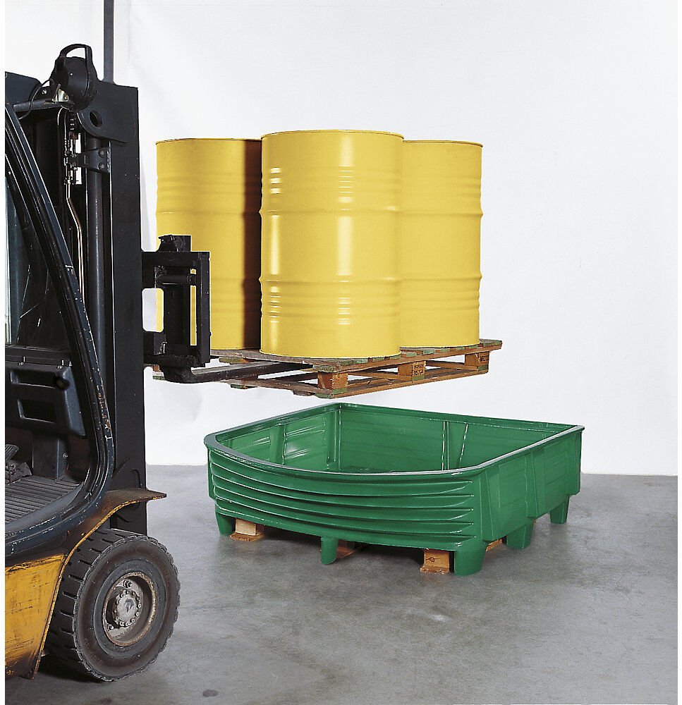 kaiserkraft PE-Transport-Auffangwanne, Auffangvolumen 225 l, LxBxH 1500 x 1150 x 400 mm, mit Holzpalette 800 x 1200 mm