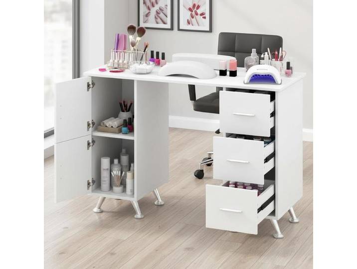 Table de manucure résistante à l'acétone avec 2 armoires, 3 tiroirs, pieds, bureau à ongles multifonctionnel pour salon, maison, poste de travail de maquillage