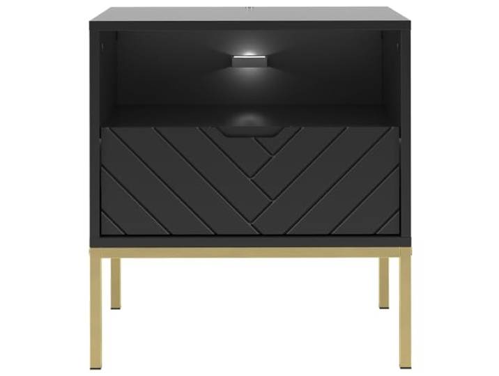Lomadox Nachttisch Nachtschrank Nachtschränkchen mit LED Beleuchtung ca. 53 cm breit modern in schwarz matt mit Fischgrät Dekor
