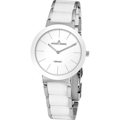 Keramikuhr JACQUES LEMANS "Monaco", weiß (weiß, silberfarben, weiß), Armbanduhren, Damen, silberfarben-weiß, Quarzuhr, Armbanduhr, Damenuhr, gehärtetes Crystexglas