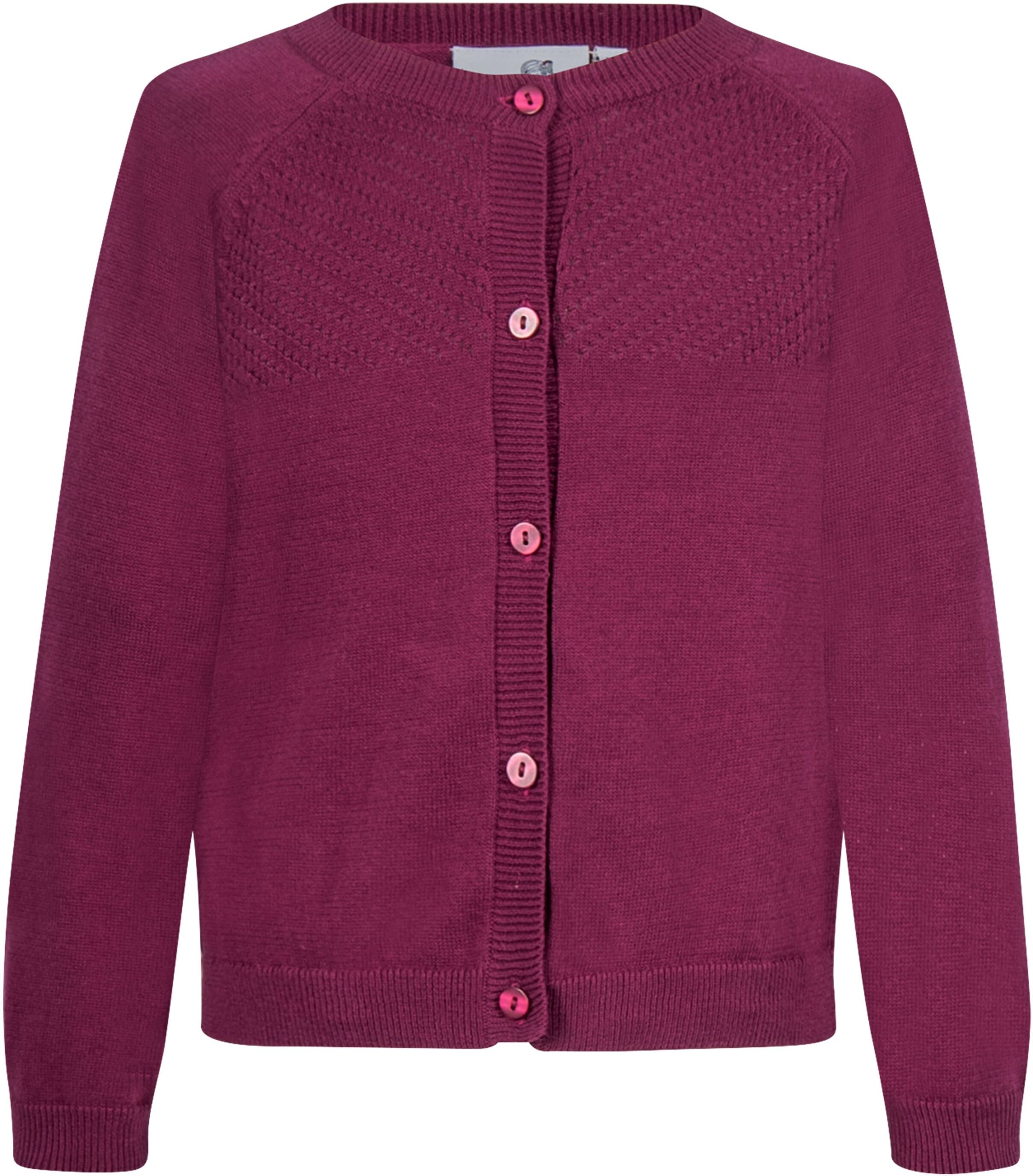 Strickjacke HAPPY GIRLS, Mädchen, Gr. 116, lila (berry), Strick, Obermaterial: 100% Baumwolle, unifarben, regular fit hüftlang, Rundhals, Raglanärmel Strickbündchen, Strickjacken Strickjacke, mit hochwertigem Strickmuster im vorderen Brustbereich