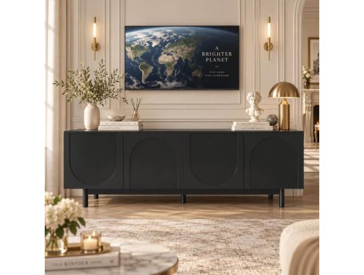 TV-Bank, 175 x 38 x 56 cm, Schwarz, Massivholz, 4 Türen, verstellbare Einlegeböden