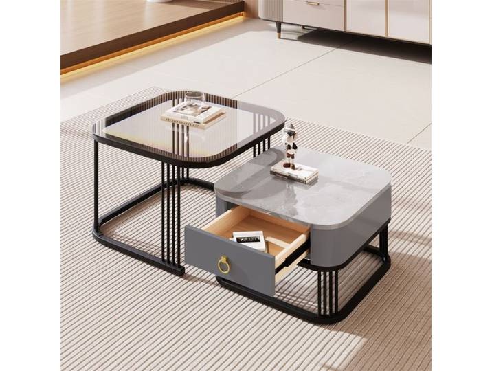 2 en 1 Table basse salon Table d'appoint en verre avec tiroirs 60x60x42+50x50x34cm Gris