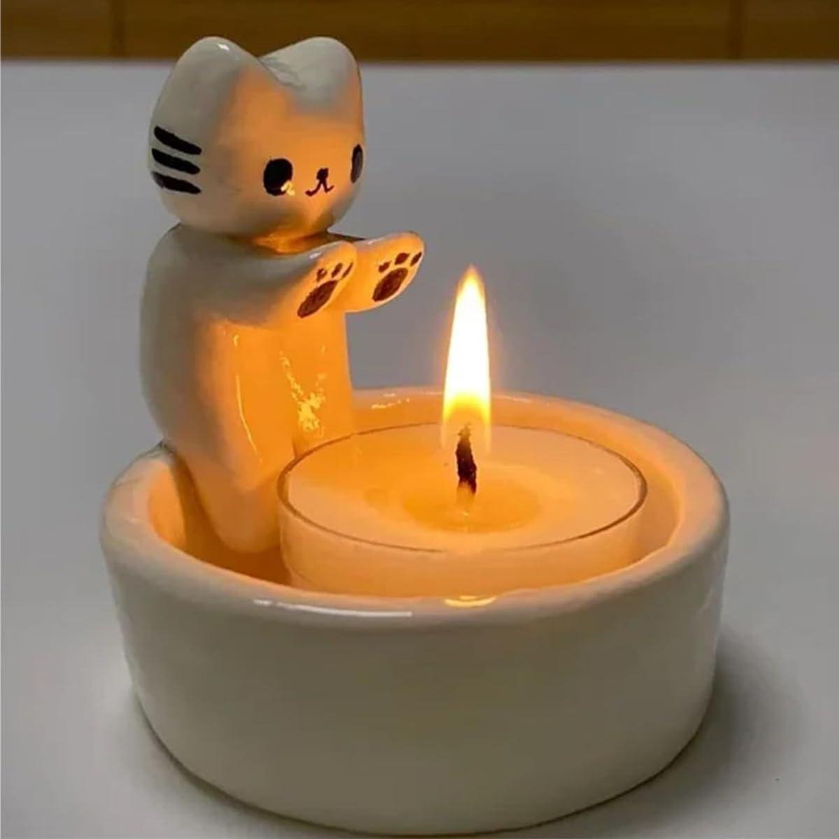 Handgemaakte Kat Kandelaar voor Tealights - Kitten Kaarsenhouder voor Sfeervolle Decoratie - 3,8 cm