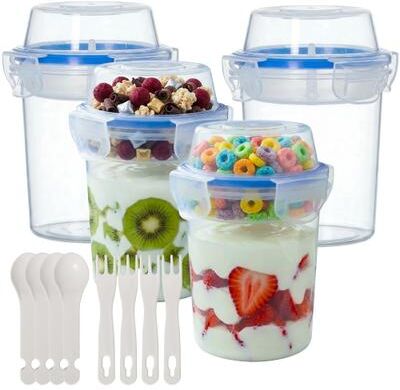 Basicwise 480ml Airtight Cereal Storage Container with Separate Topping Cup Leak-Resistant Clip-Lock Lid Stackable