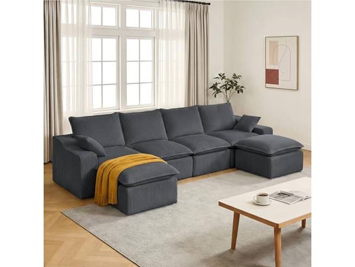 Vipbear Ecksofa, Modulares Sofa 348 cm breit, U-Form Sektionssofa 6-Sitzer mit 2 Abnehmbarer Ottomane, Cloud-Sofa aus Cord mit Chaiselongue Links, U Sofa Couch für Wohnzimmer, Dunkelgrau