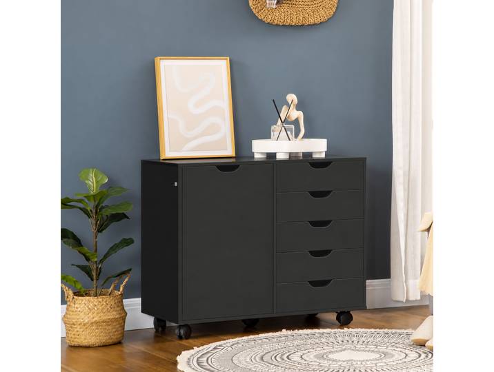 HOMCOM Caisson Bureau 5 Tiroirs Porte Roulettes 78x40x66,5 cm Noir