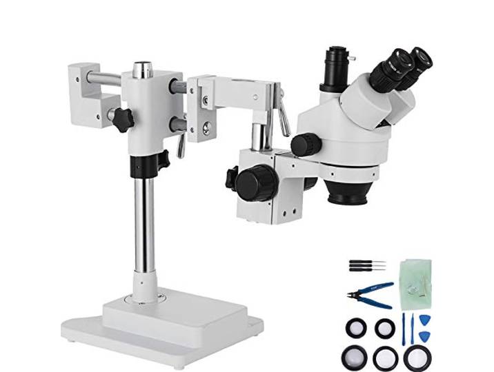 VEVOR Microscope Stéréo Trinoculaire 3\,5X-90X\, Zoom 0\,7X-4\,5X\, Double Bras\, Tête Rotative 360° Inclinée 45°\, Oculaires WF10X\, Support Acier Al-Zn\, Lentilles Optiques\, pour Laboratoire et Vidéo