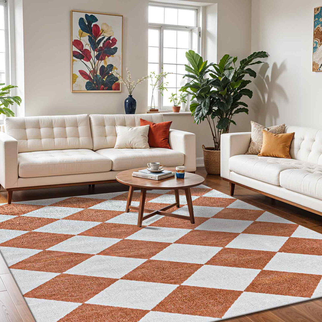 Metro Machine Washable Modern Boho Diamond Rust Area Rug Brown Rectangle 200 x 275 cm
