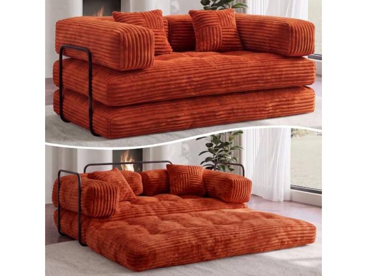 Dyonery Schlafsofa 160cm Breit,5-in-1 Modulares Boneless Couch Orange 2-Sitzer Bodensofa mit Schlaffunktion,Umwandelbares Cordstoff Schlafcouch,Modulares Couch für Wohnzimmer, Büro,Gästezimmer
