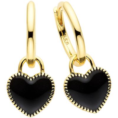 Paar Creolen "Schmuck Geschenk mit Emaille Herzeinhänger schwarz", schwarz (gelbgoldfarben, schwarz), ANISTON JEWELRY & WATCHES, Ohrringe, Damen, 15,1mm, Silber 925 (Sterlingsilber), Einhänger abnehmbar