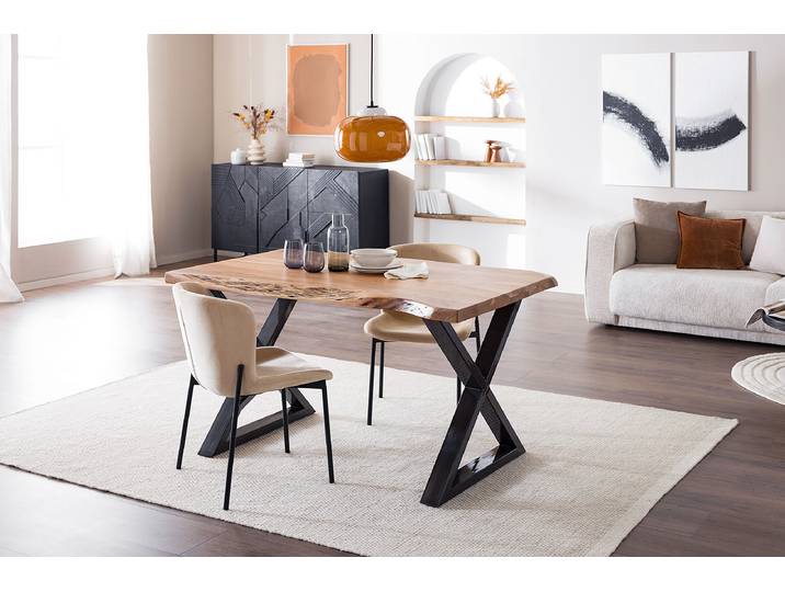 Massiver Baumkanten-Esstisch 160 x 80cm Braun/Akazie Braun X-Form Vintage Metall