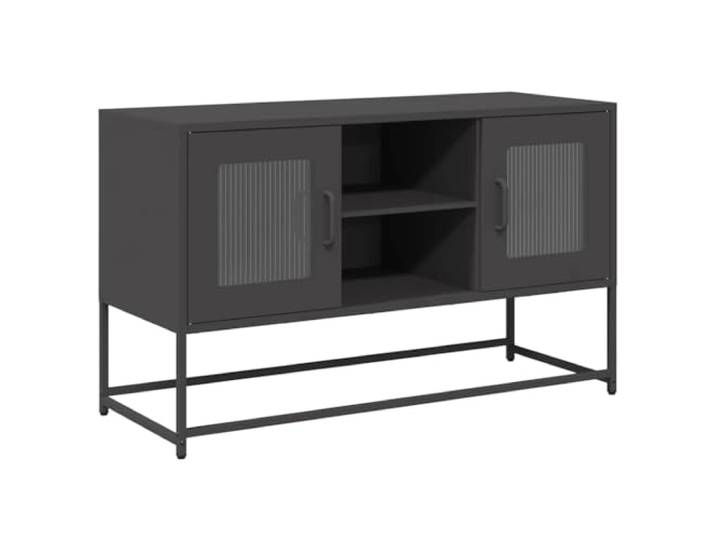 KGFHERENB TV-Schrank Schwarz Metall Fernsehtisch 100,5x39x60,5 cm Flexibles Lowboard aus kaltgewalztem Stahl fuer Wohnzimmer und Schlafzimmer mit beidseitig montierbaren Seitenteilen.