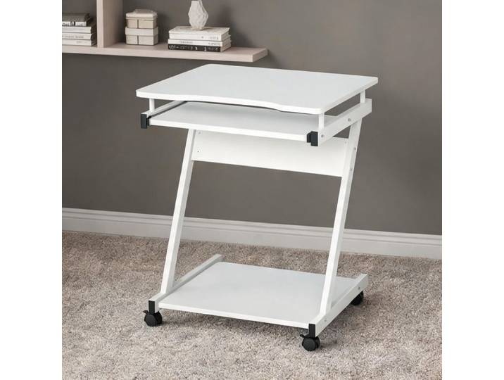 Bureau informatique compact blanc à roulettes tablette coulissante et étagère