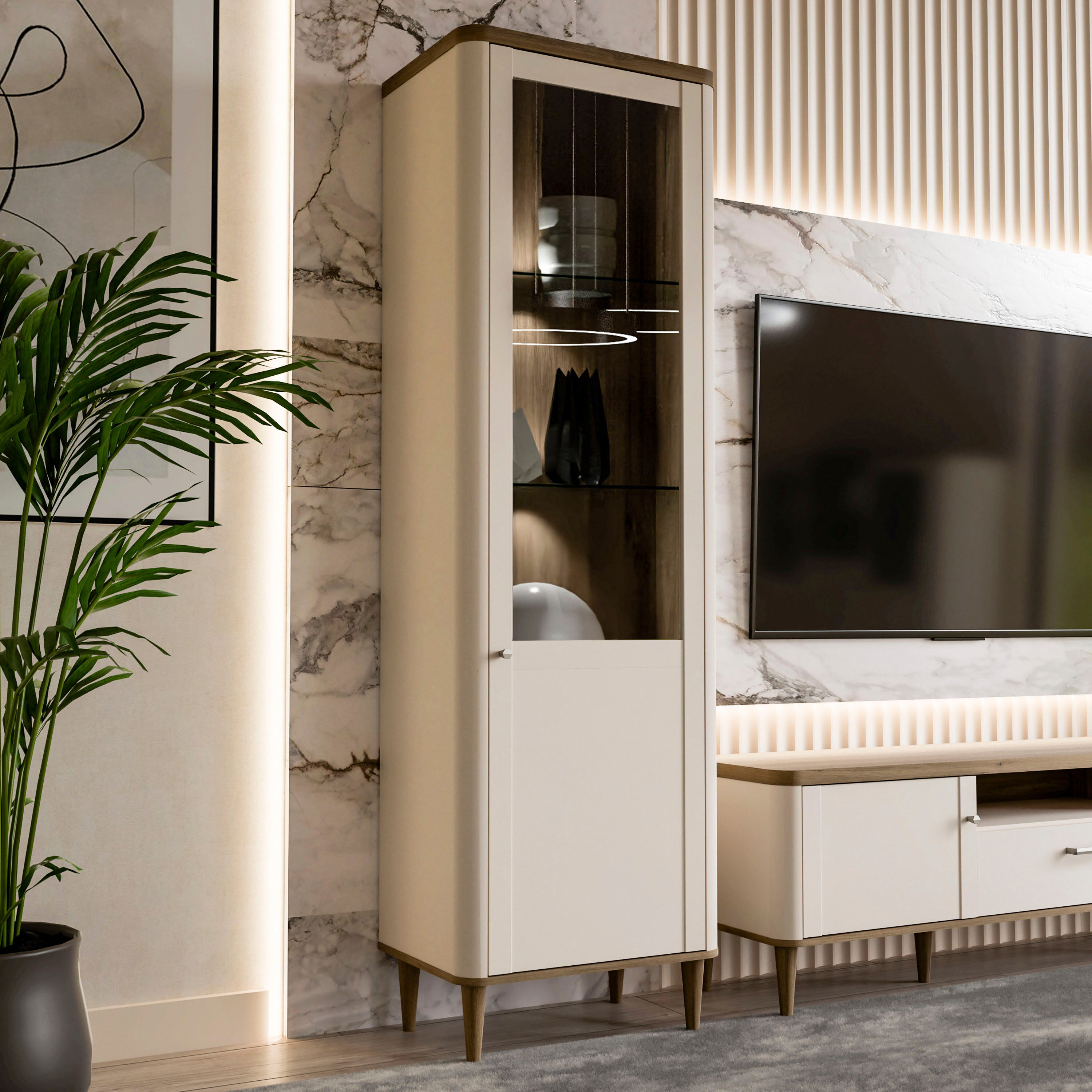 Vitrine FORTE "Lacetti", beige (valencia eiche, kashmir beige), B:60,4cm H:200,5cm T:41,2cm, Holzwerkstoff, Schränke, Vitrine, B/H/T 60,4/200,5/41,2 cm, Echtholzfüsse valencia eiche, kashmir beige Valencia Eiche/Kashmir Sand, B/H/T: 60,4cm x 200,5cm x 41,