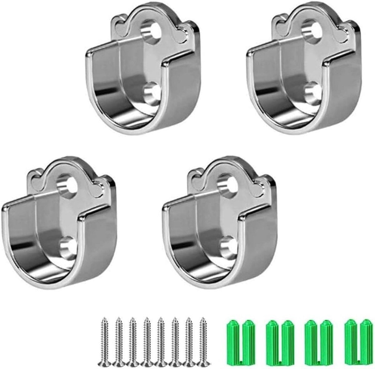 Set van 4 kledingrailhouders voor ronde buizen van 25 mm, zinklegering, geschikt voor badkamer, slaapkamer en keuken