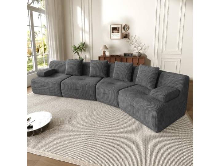 Merax Rahmenloses Bodensofa aus Cordstoff, 4-Sitzer modulares Sofa mit frei kombinierbaren Sitzmodulen, montagefreie Schaumstoff Couch für Wohnzimmer, Lounge, 311x90x65 cm, Dunkelgrau