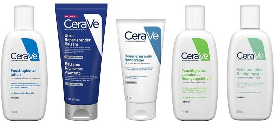 CeraVe Reiseset: Lotion, Balsam, Handcreme, Rein.lotion & -gel