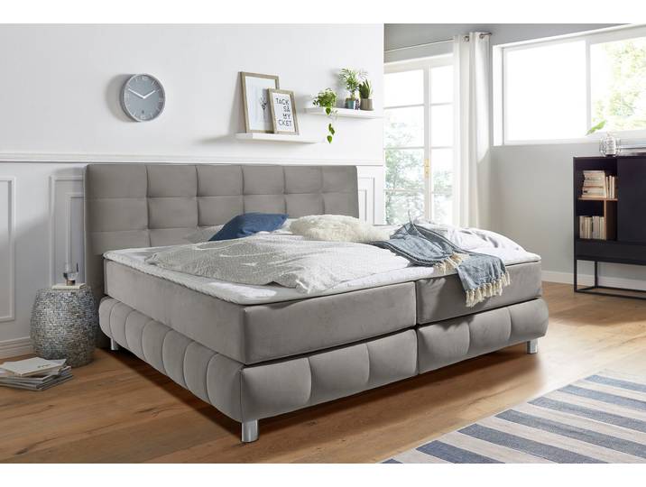 Boxspringbett, Strukturstoff, Hellgrau, 174×211 cm, Inkl. Topper, Modern, andas