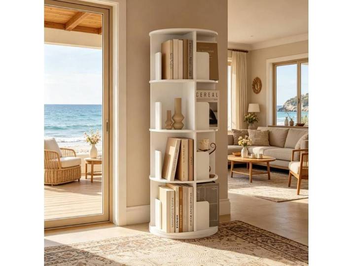 Bibliothèque rotative ronde blanche 44 x 44 x 126 cm 4 niveaux bois d'ingénierie E1