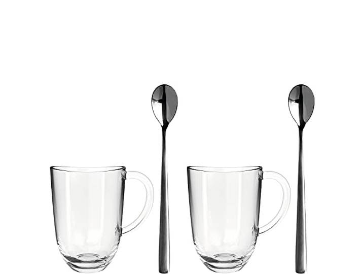 Leonardo Napoli Latte Macchiato-Tassen und Löffel 4er Set, spülmaschinengeeignete Kaffee-Gläser mit passenden Löffeln, 380 ml, 4 teilig, 024217